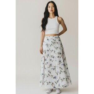 Lost + Wander Blue Floral Maxi Skirt Size S Cotton Front Slit Boho Cottagecore